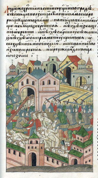 Разорение Москвы Тохтамышем в 1382 году. Миниатюра Лицевого летописного свода середины XVI в.