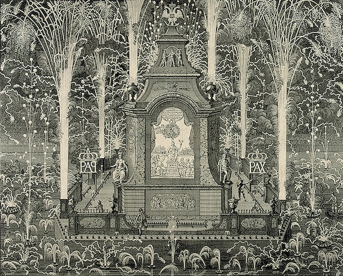 Фейерверк и иллюминация в Амстердаме 9 декабря 1721 по случаю заключения Ништадтского мира. Гравюра художника Джона Смита, 1722 год