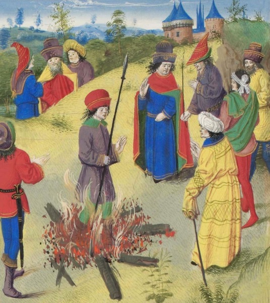 Пьер Бартелеми участвует в ордалии. Миниатюра из «Истории деяний в заморских землях» Вильгельма Тирского. 1460 год