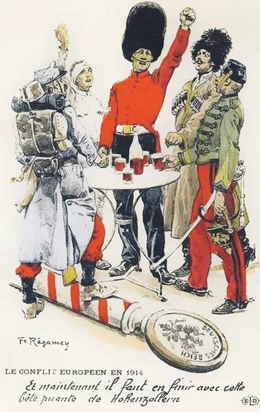 Открытка с рисунком, символизирующим страны Антанты, армии которых перешли границу Германского рейха, 1914 год