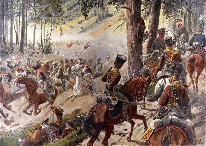 «Генерал фон Клейст в сражении под Кульмом 30 августа 1813 года». Картина художника-баталиста Рихард Кнётеля, начало ХХ века