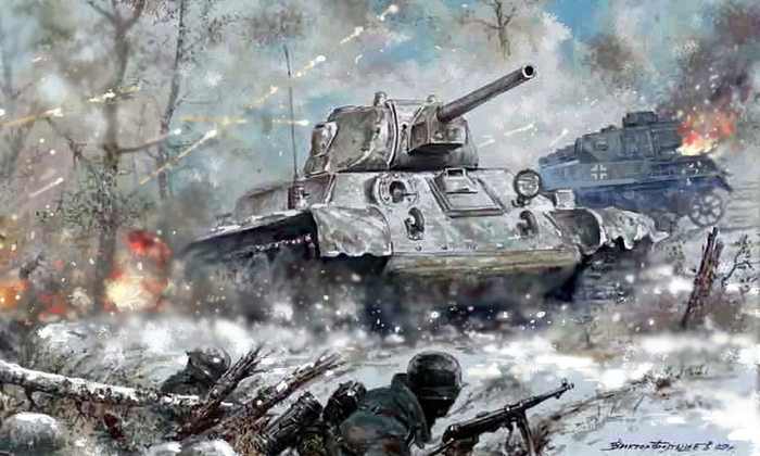 Т-34 атакует немецкие позиции в ходе Битвы под Москвой