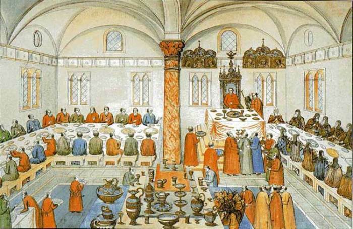 Царский пир в Кремле в 1613 г. Миниатюра из «Книги избрания на превысочайший престол…»