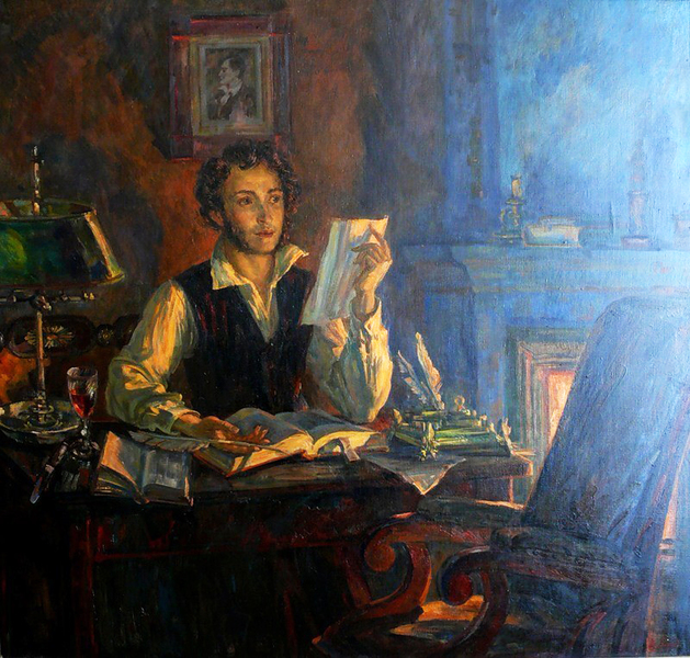 А.С. Пушкин в Михайловском, трудится, сидя возле камина