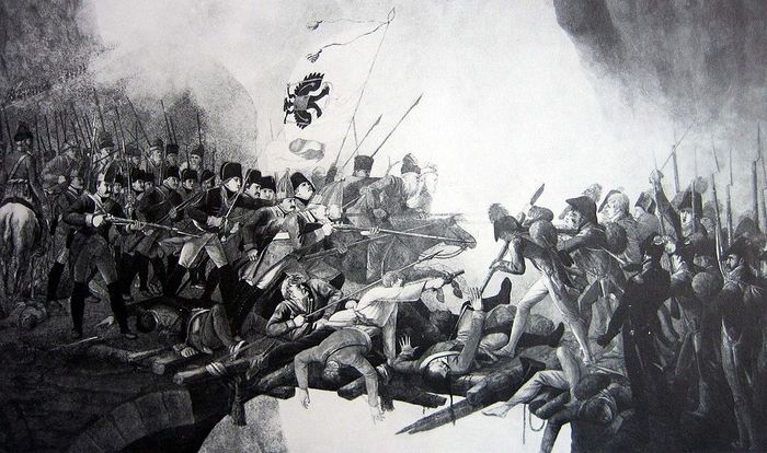 Бой на Чертовом мосту между русскими и французами. Офорт, 1800 год