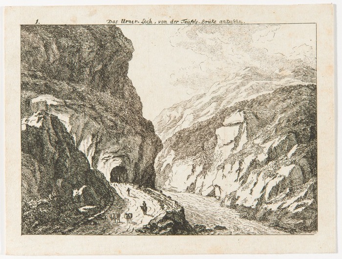 Вид на туннель «Урнерская дыра» со стороны площадки перед Чертовым мостом. Рисунок художника Саломона Гесснера, 1781 год