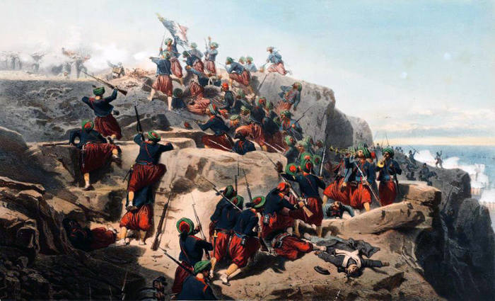 Французские зуавы поднимаются на Телеграфный холм. Этот маневр сыграл роковую роль в развитии Альминского сражения