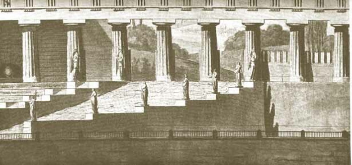 Рисунок лестницы, которая должна была вести к храму от Москвы-реки, и колоннады, окружавшей вход в нижний храм