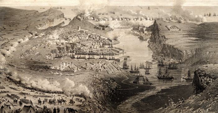 Первая бомбардировка Севастополя кораблями флота союзников 5 (17) октября 1854 года. Литография  Виктора Адама и Юбера Клерже, Франция, 1855 год