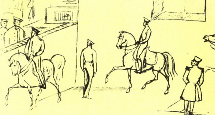 Учебная езда в манеже. Рисунок карандашом Михаила Лермонтова, 1832-34 годы