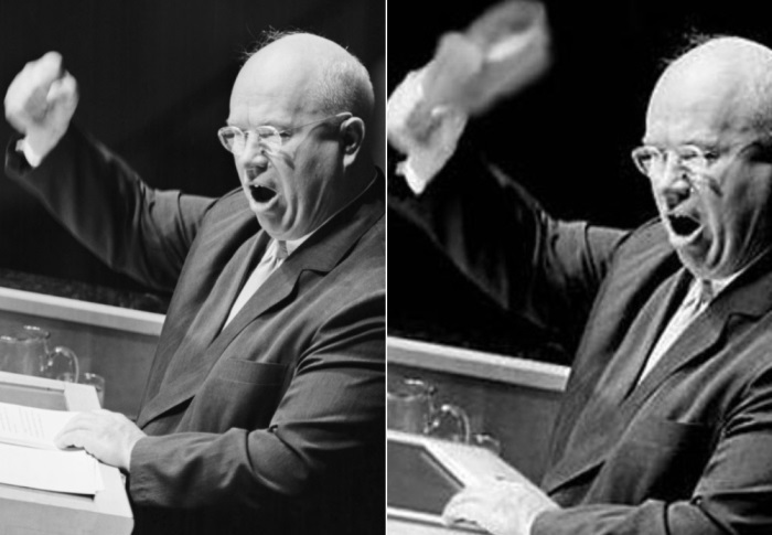 Оригинальный снимок Никиты Хрущева на трибуне ООН и «доработанный», на котором добавлен ботинок в руке советского лидера