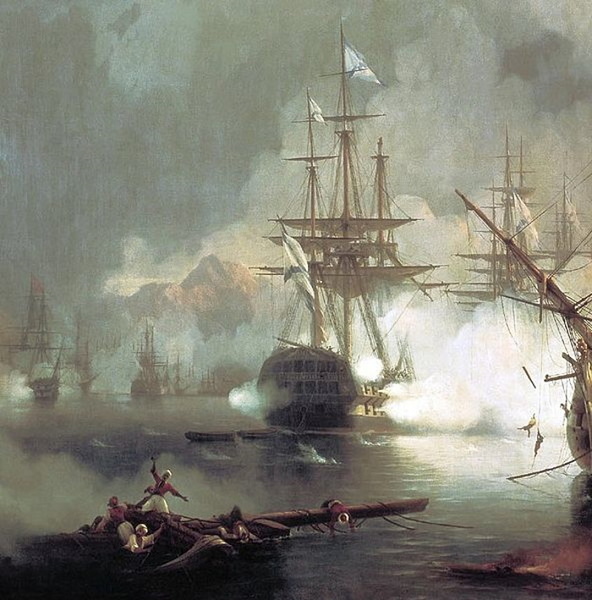 Линейный корабль «Азов» во время Наваринского сражения. Фрагмент картины Ивана Айвазовского «Сражение при Наварине», 1848 год