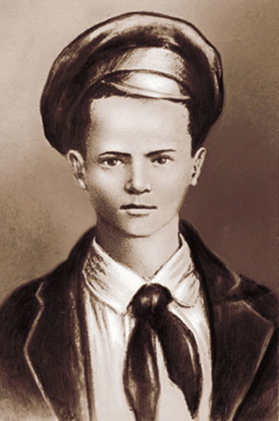 Портрет Павлика Морозова, созданный на основе его единственной прижизненной фотографии