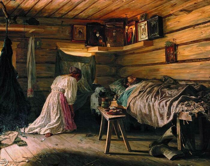 Больной муж. Художник В.М. Максимов. 1881 год. 