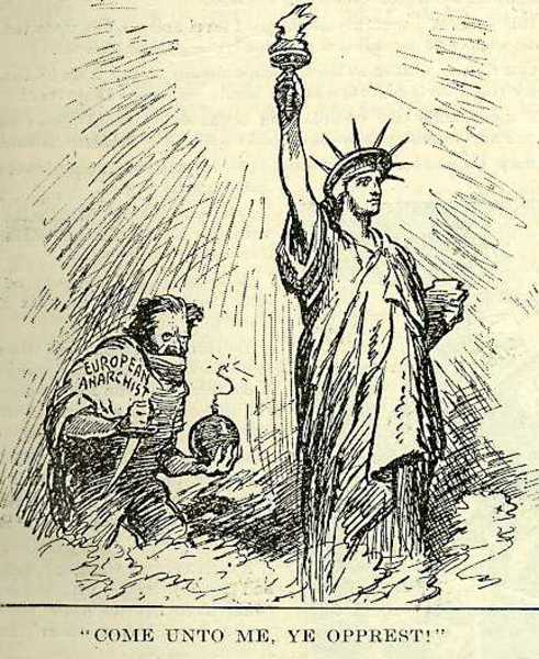 Политическия карикатура 1919 г.: «Европейский анархизм» пытается уничтожить американскую свободу