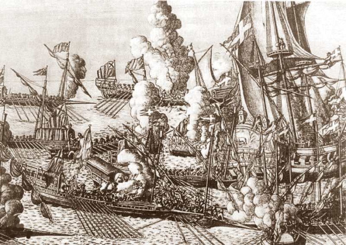 Гангутское сражение 27 июля 1714 года стало первым серьезным испытанием для русской морской пехоты, и она выдержала его с честью. Гравюра «Баталия при Гангуте» художника Алексея Зубова, 1717 год, центральный фрагмент