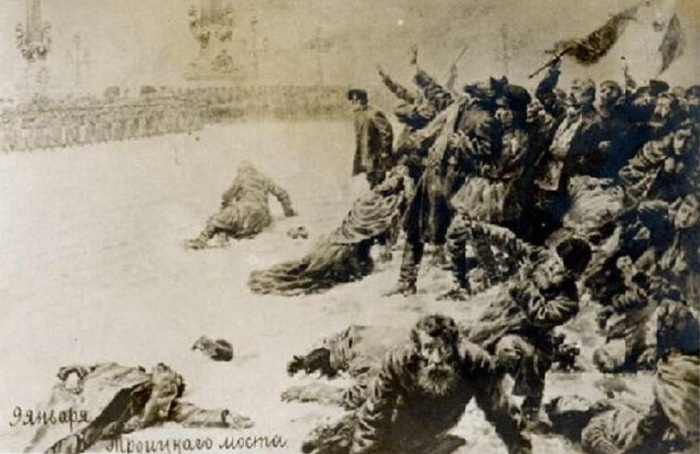 Столкновение манифестантов с войсками у Троицкого моста 22 (9) января 1905 года. Рисунок неизвестного художника, начало ХХ века