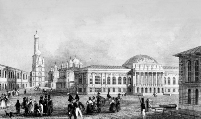 Вид на старое здание Оружейной палаты, построенное в 1806-1812 годах архитектором Иваном Еготовым. Гравюра неизвестного автора по рисунку художника Павла Свиньина