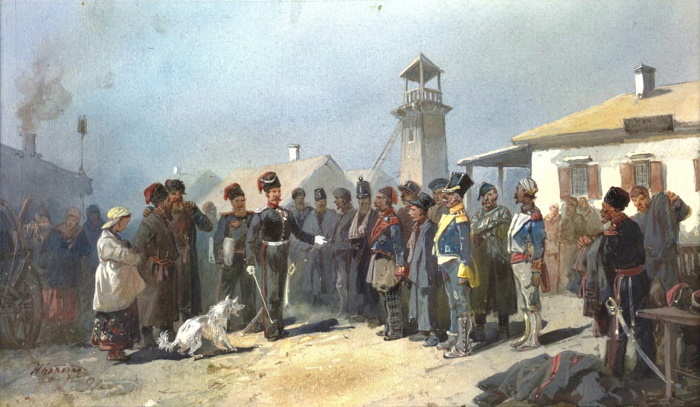 «Зачисление в казаки пленных поляков армии Наполеона, 1813 год». Картина Николая Каразина, 1881 год