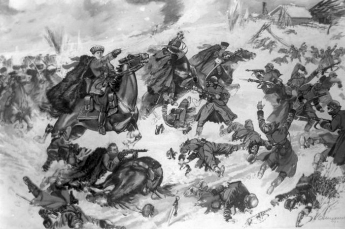 «Генерал Доватор в бою». Картина художником братьев Семена и Степана Аладжаловых, 1942 год