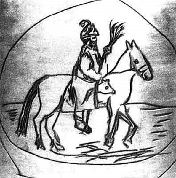 Опричник на коне с метлой и песьей головой. Гравированный рисунок на поддоне подсвечника XVII века
