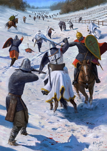 Русские воины преследуют отступающих ливонских рыцарей во время Раковорской битвы. Рисунок художника Милека Якубца, 2013 год
