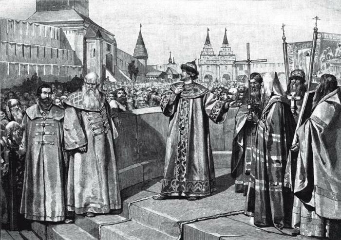 Царь Иоанн IV открывает первый Земский собор своей покаянной речью. Художник Клавдий Лебедев