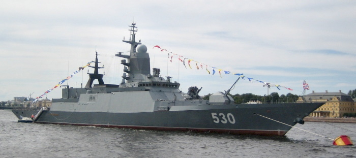 Многоцелевой корвет «Стерегущий» (головной корабль проекта 20380) — четвертый отечественный корабль, названный в честь легендарного миноносца. Санкт-Петербург, 2010 год