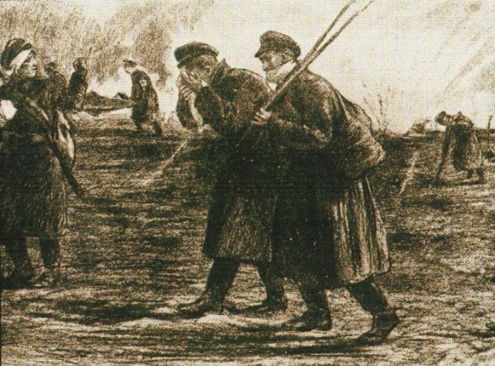 Бойцы Добровольческой армии во время отступления от Екатеринодара. Рисунок неизвестного участника «Ледяного» похода, апрель 1918 года